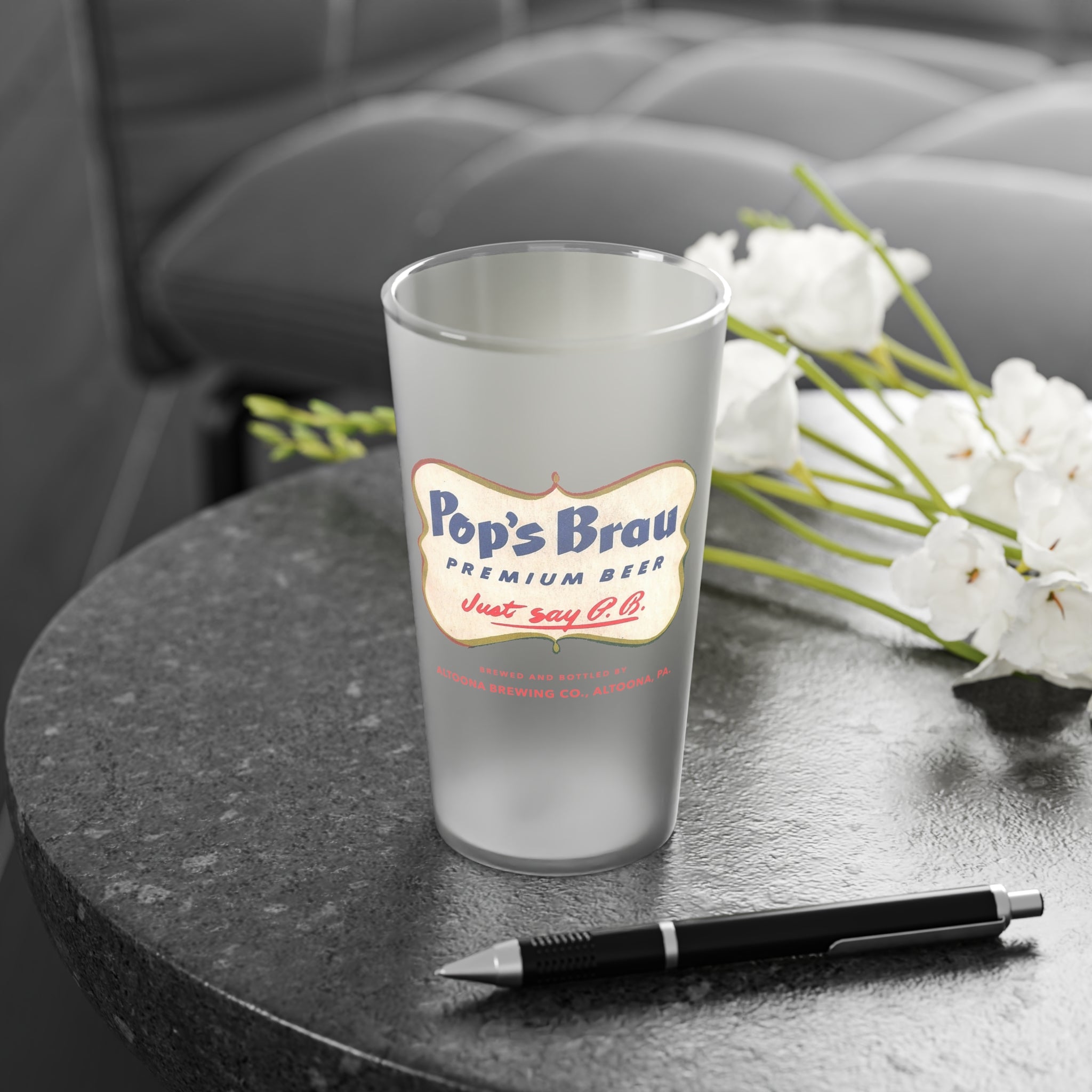 POP'S BRAU PREMIUM BEER - Altoona Brewing Company - Frosted Pint Glass, 16oz - Yinzylvania