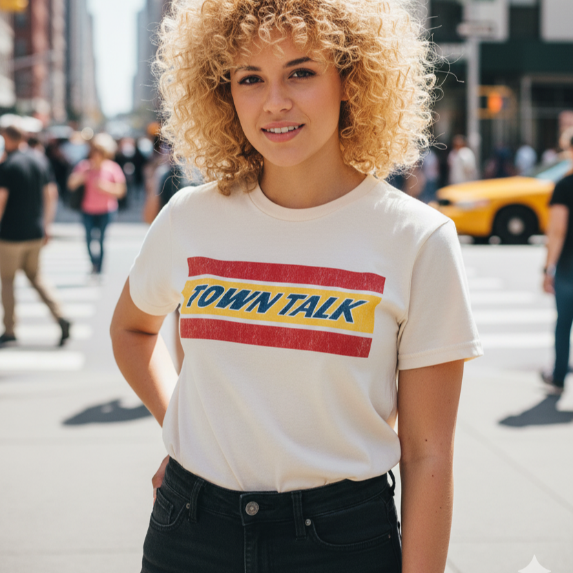 Person wearing a 'TOWN TALK' t-shirt on a city street