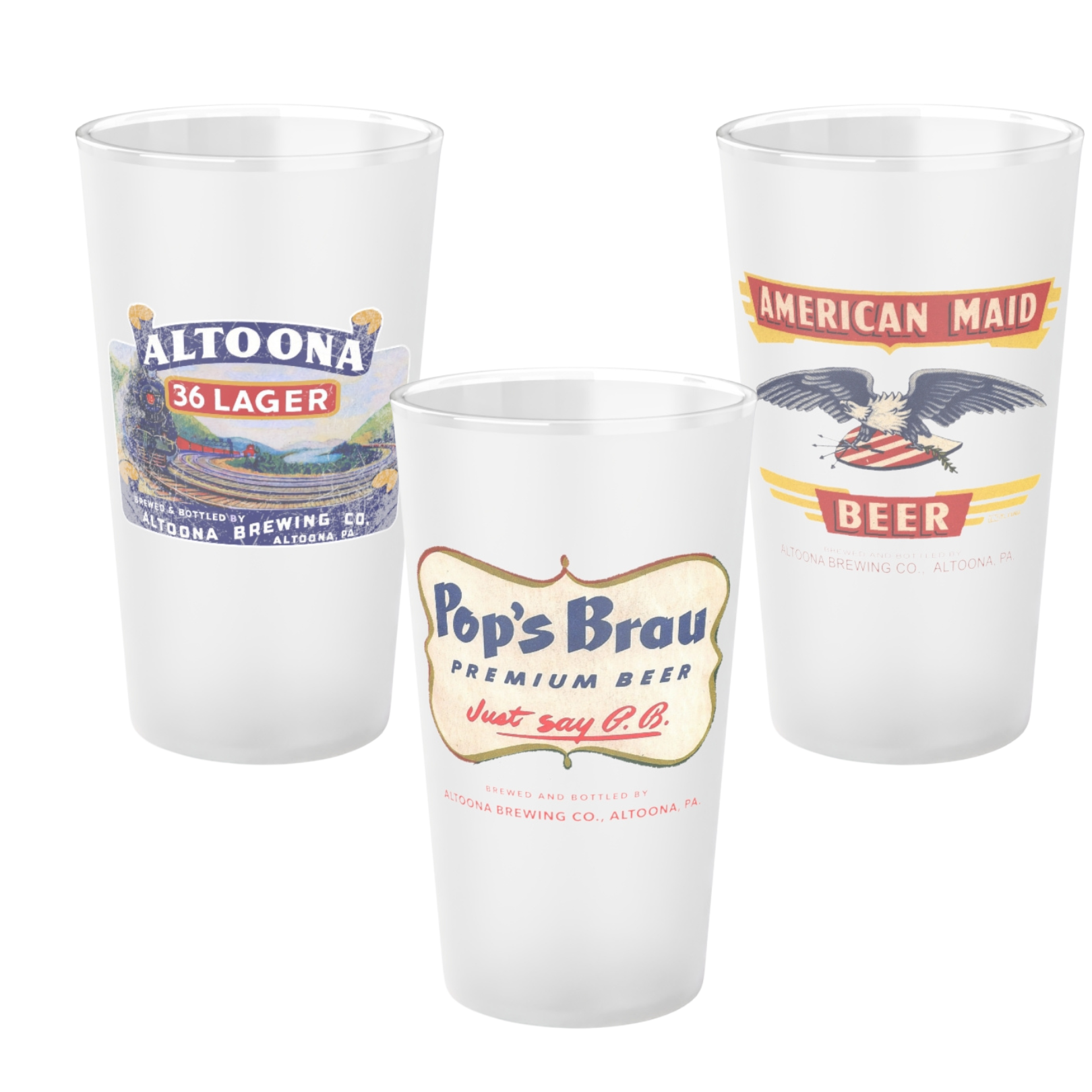 Altoona Brewing Retro Brew Set of 3 Pint Glasses | Altoona 36 Lager | Pop's Brau | American Maid - Yinzylvania