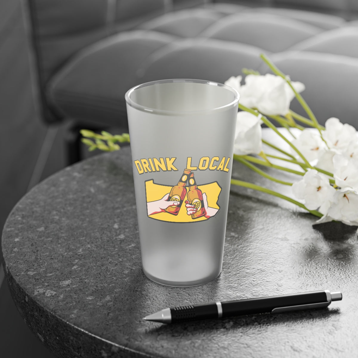 DRINK LOCAL - Pennsylvania - Frosted Pint Glass, 16oz - Yinzylvania