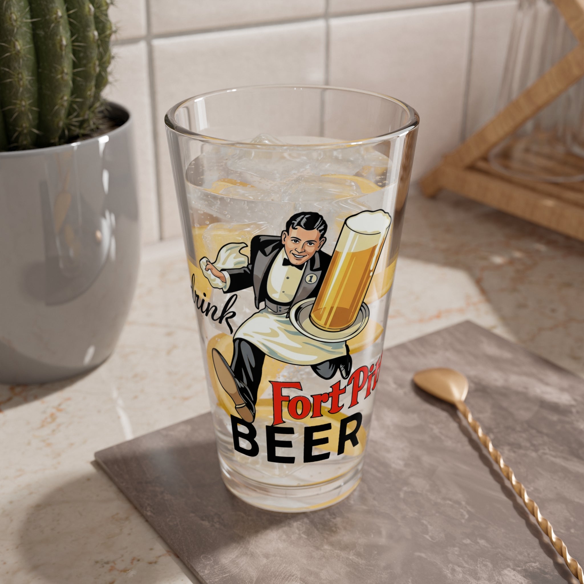 Drink Fort Pitt Beer - Waiter - Pint Glass, 16oz - Yinzylvania