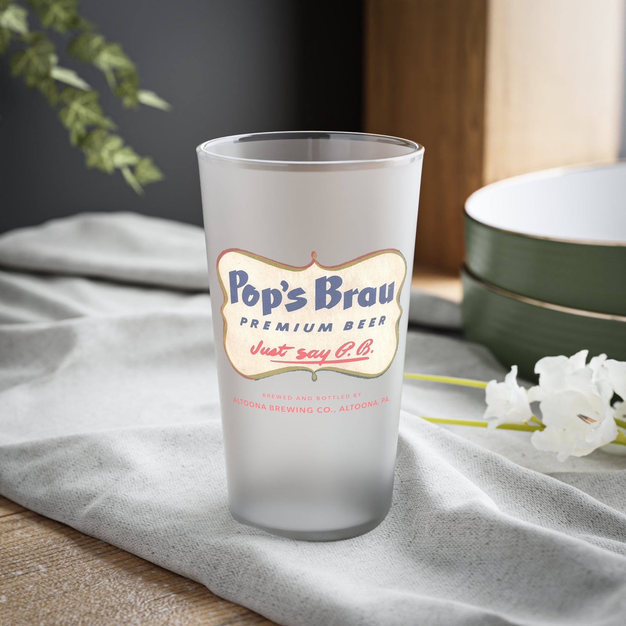 POP'S BRAU PREMIUM BEER - Altoona Brewing Company - Frosted Pint Glass, 16oz - Yinzylvania