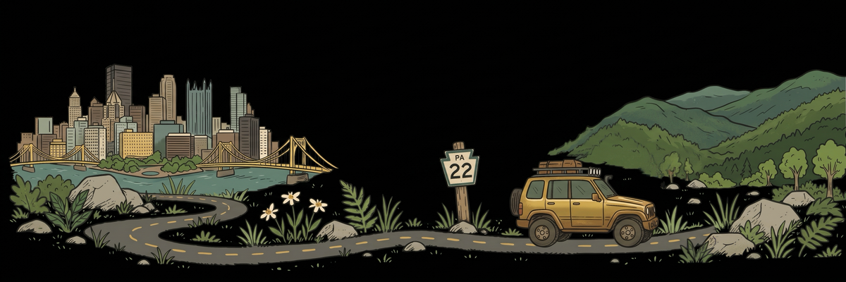 Illustrated road winding from the Pittsburgh skyline past a PA Route 22 sign into the green hills