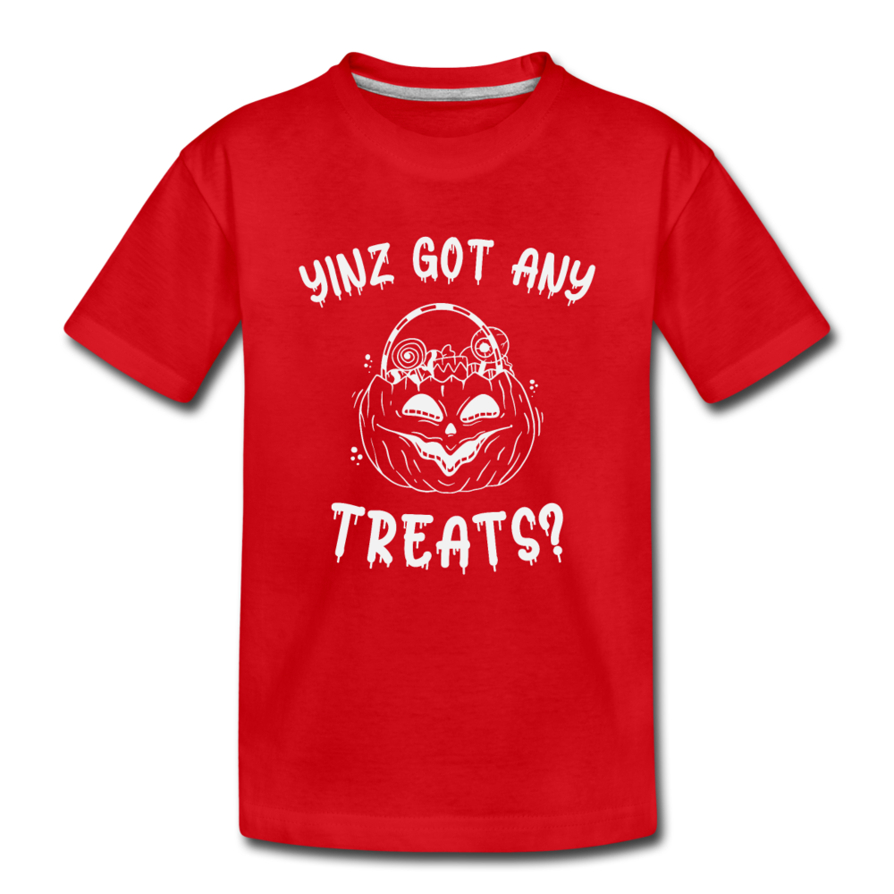 YINZ GOT ANY TREATS? - Kids Halloween Tee - red